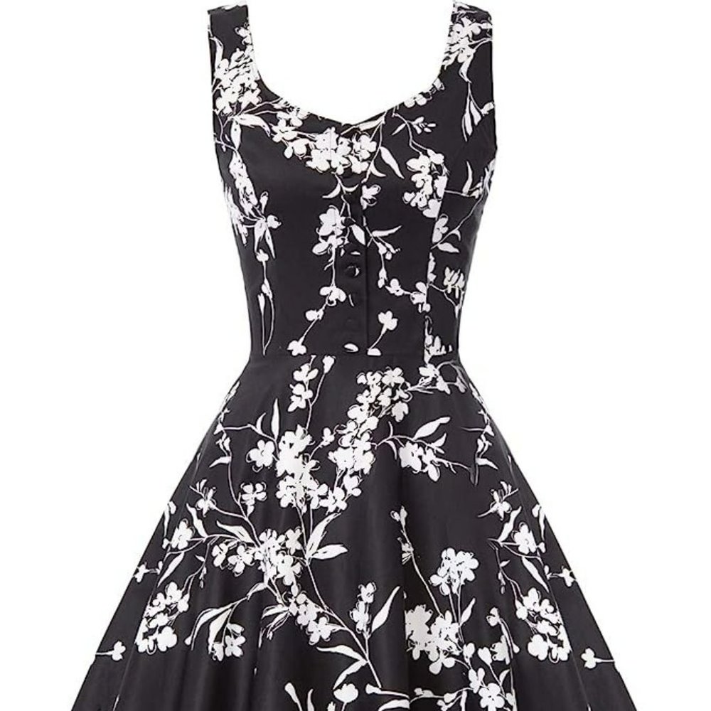Belle Poque 1950s Style Black Floral Swing Dress